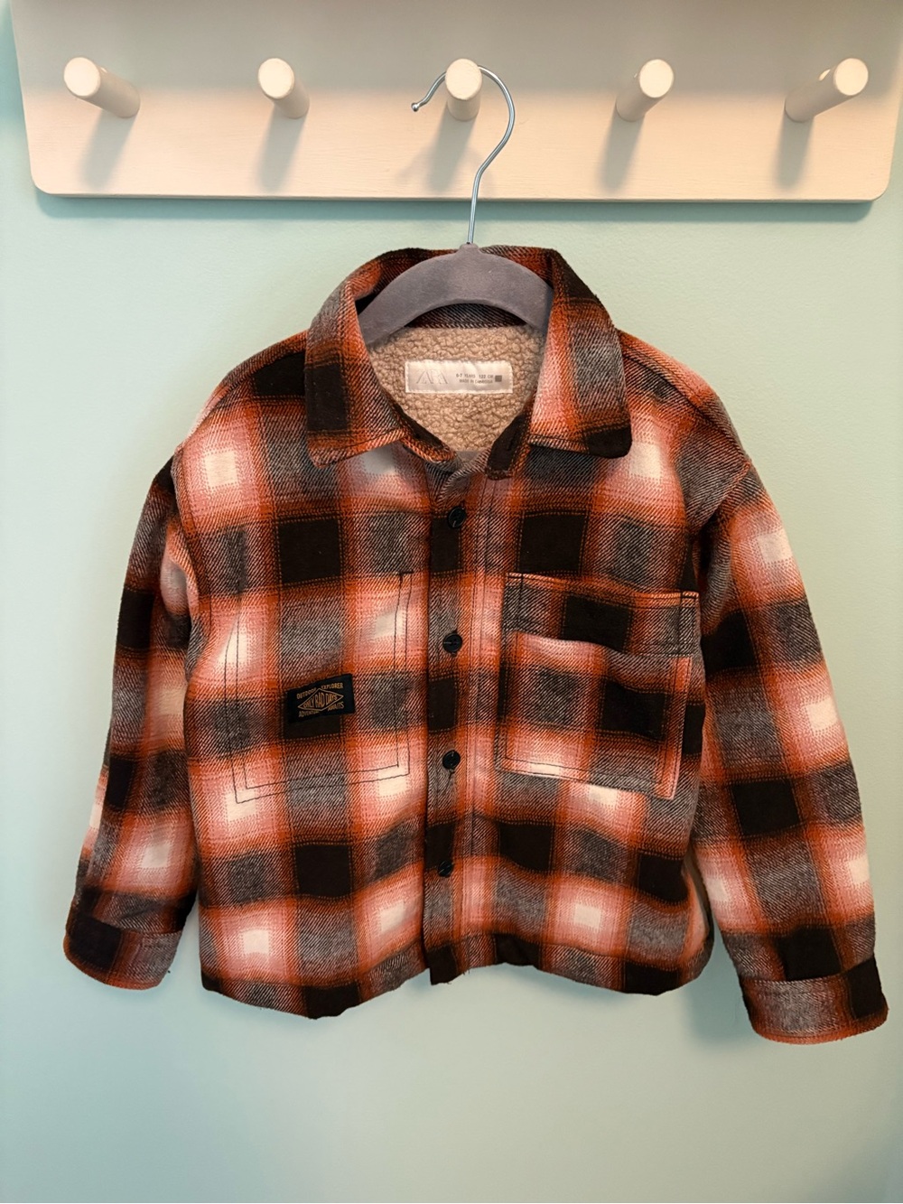 Zara Orange Black Plaid Fleece-Lined Button Down Shirt Jacket